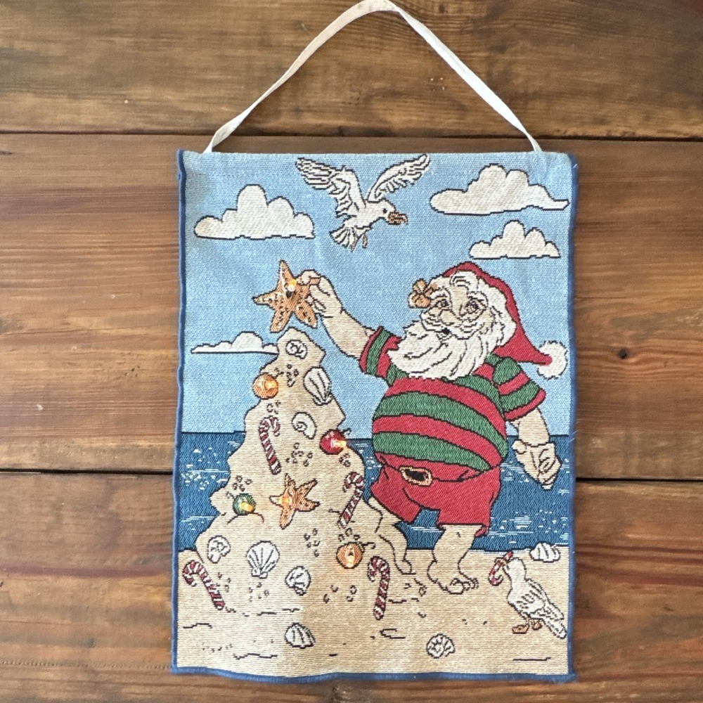 Woven Beach Santa Christmas Wall Hanging 13x18 lighted